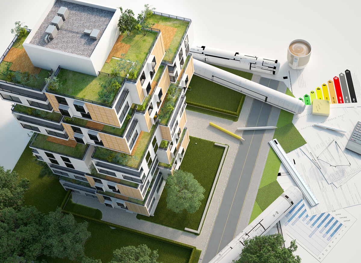 3d visualisatie van een flatgebouw dat vanuit duurzaam oogpunt begroeid is, met daarnaast een kop koffie en fysieke meetinstrumenten